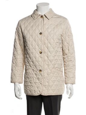 Burberry Women's Quilted Button Up Jacket in Light Cream with Plaid Interior